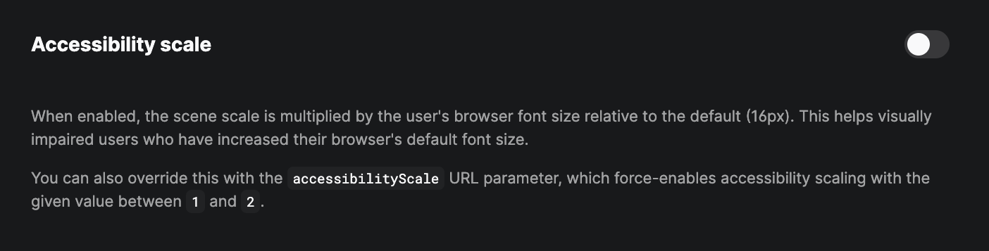 Settings panel showing the Accessibility scale toggle