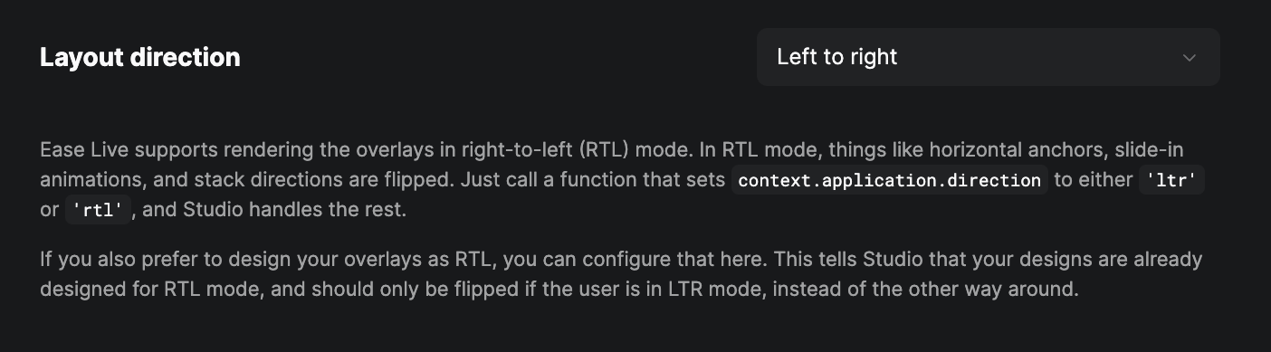 Settings panel showing the Layout direction dropdown