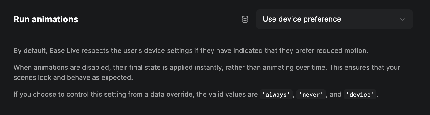 Settings panel showing the Run animations setting